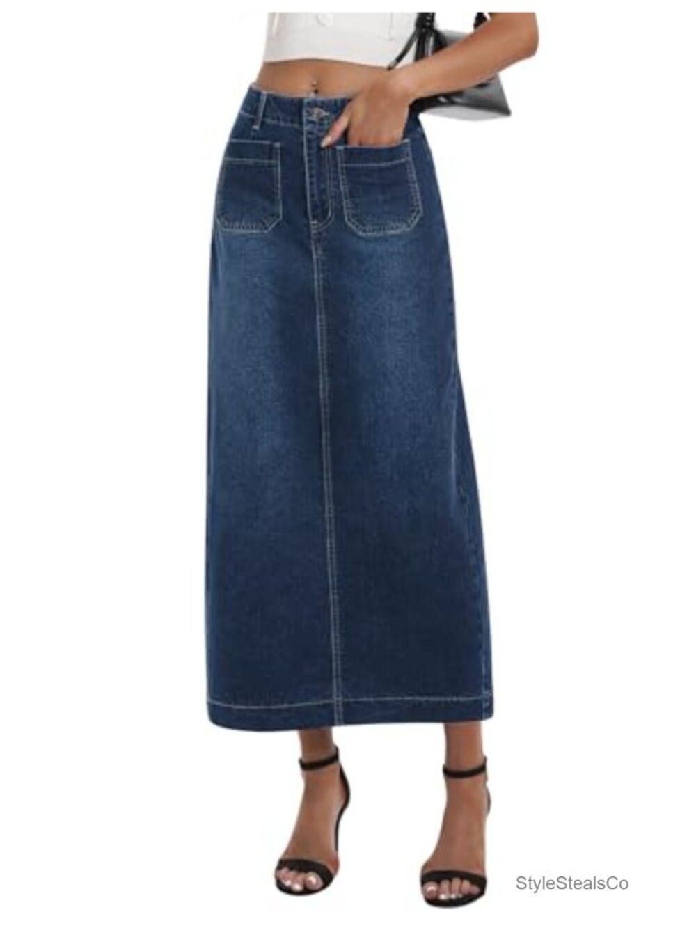 Stretch Denim Maxi Skirt High Waisted Back Slit Pencil Jean Skirt with Pockets